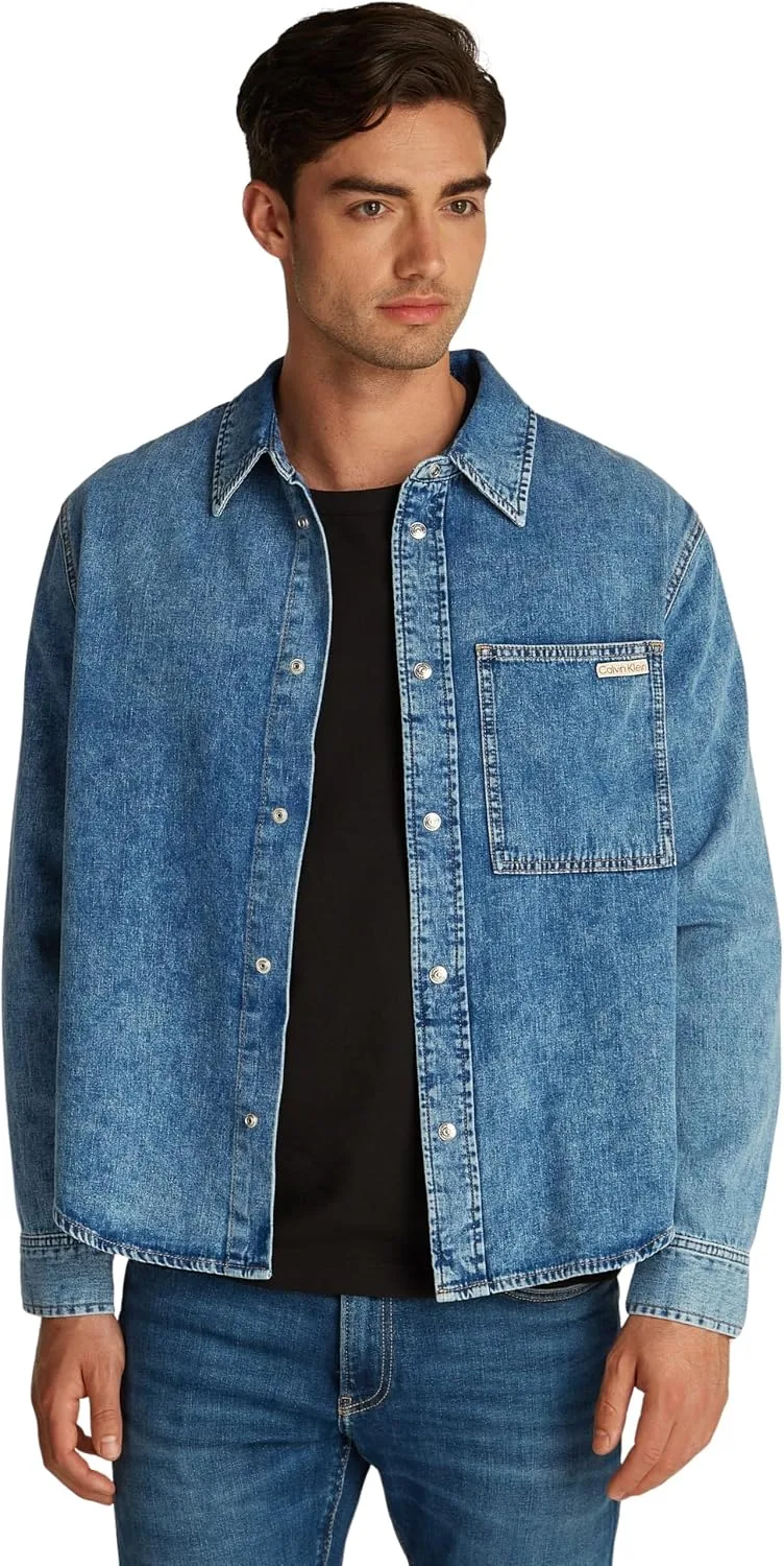 Calvin Klein ▫️ Camisa de ganga para homem, corte regular, com bolso no peito