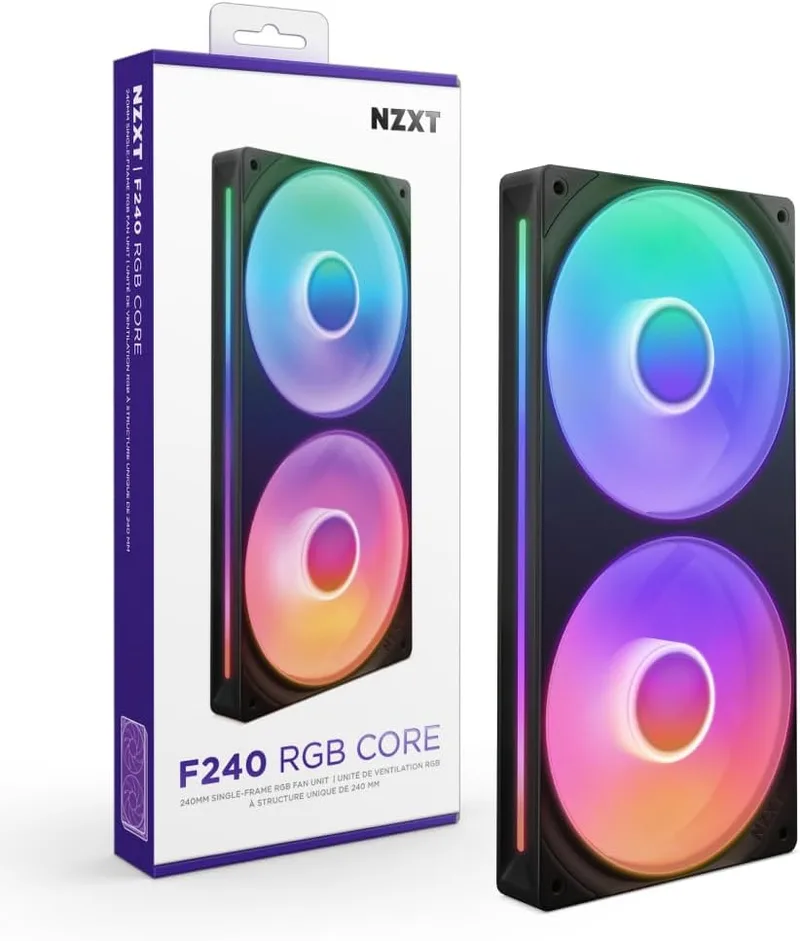NZXT ▫️ F240 RGB Core - Unidade de 240 mm com 2 ventoinhas RGB de 120 mm - Controlo da velocidade e da iluminação - Pressão estática e fluxo de ar elevados - 8 LEDs aRGB por ventoinha - Preto