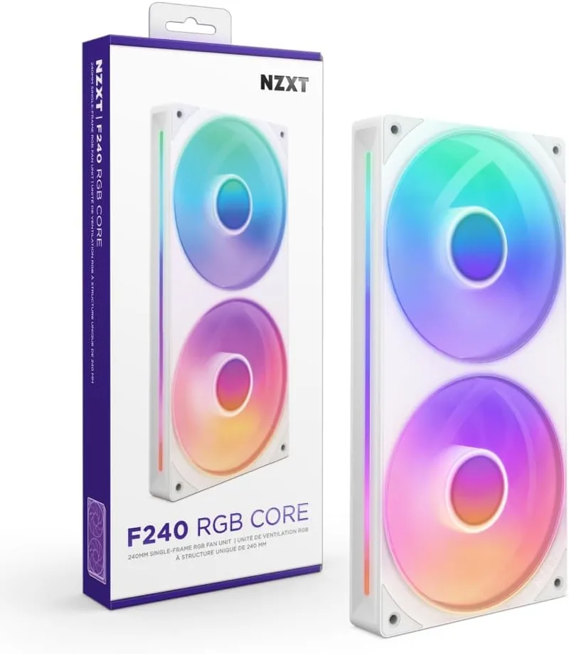 NZXT ▫️ F240 RGB Core - Unidade de 240 mm com 2 ventoinhas RGB de 120 mm - Controlo de velocidade e iluminação - Alta pressão estática e fluxo de ar - 8 LEDs aRGB por ventoinha - Branco