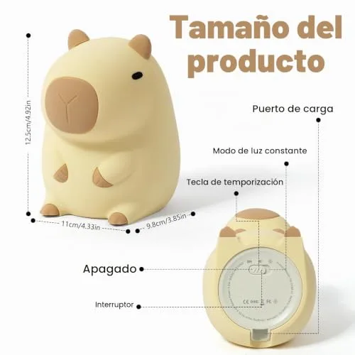 URAQT ▫️ Lâmpada Capivara, Bonita Lâmpada Noturna de Capivara para Crianças, Lâmpadas Portáteis Recarregáveis por USB de 1200 mAh com Motivo de Capivara, Lâmpada Noturna de Silicone com Sensor Tátil para Crianças e Temporizador Ajustável 2