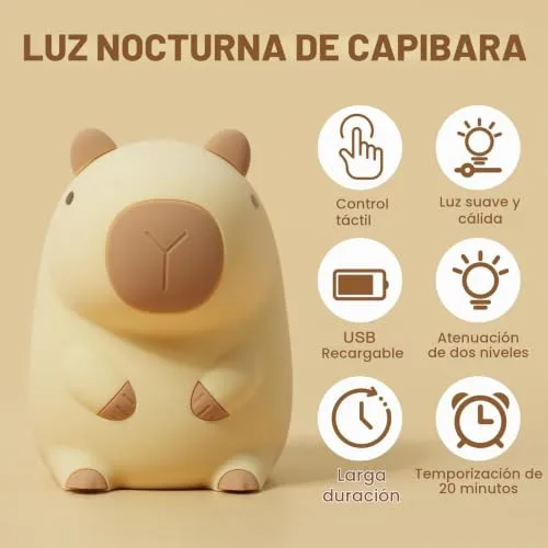 URAQT ▫️ Lâmpada Capivara, Bonita Lâmpada Noturna de Capivara para Crianças, Lâmpadas Portáteis Recarregáveis por USB de 1200 mAh com Motivo de Capivara, Lâmpada Noturna de Silicone com Sensor Tátil para Crianças e Temporizador Ajustável 3
