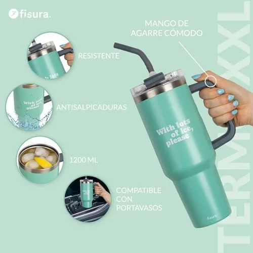 Fisura ▫️ Garrafa térmica de 1,2 litros. Garrafa térmica grande. Garrafa em aço inoxidável. Sem BPA. Mantém o frio durante 24 horas / o calor durante 12 horas. Com palhinha incluída. 9,8 cm x 27,8 cm (Lots of ice, azul) 2
