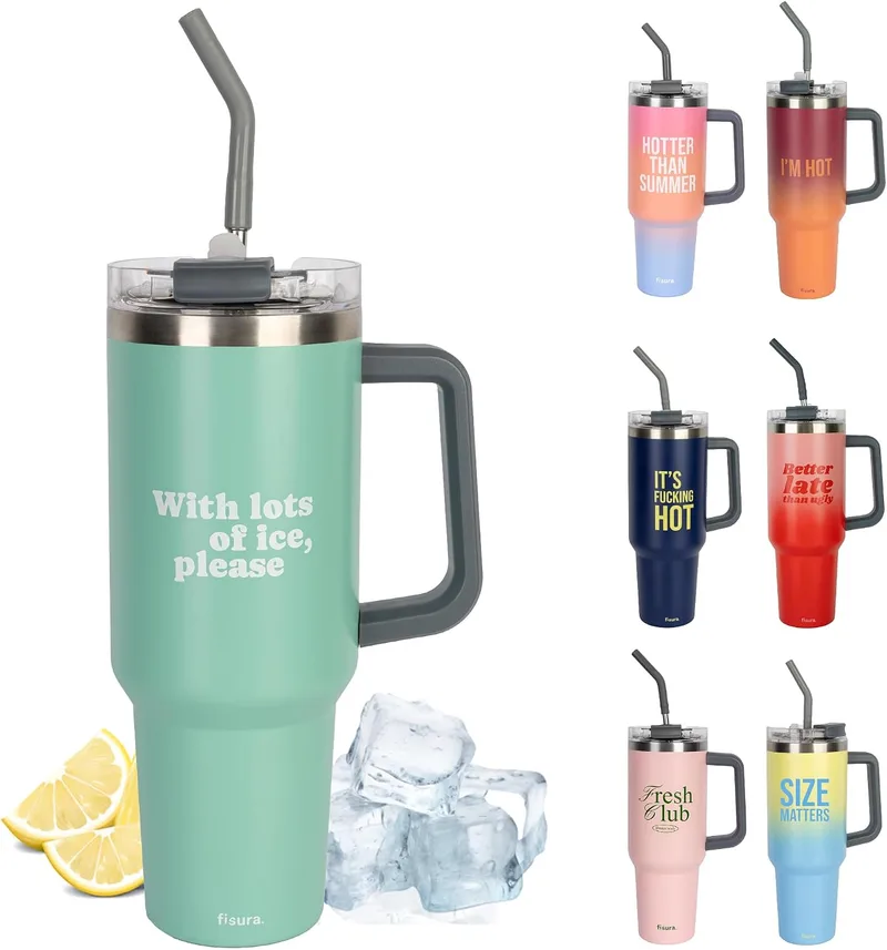 Fisura ▫️ Garrafa térmica de 1,2 litros. Garrafa térmica grande. Garrafa em aço inoxidável. Sem BPA. Mantém o frio durante 24 horas / o calor durante 12 horas. Com palhinha incluída. 9,8 cm x 27,8 cm (Lots of ice, azul)