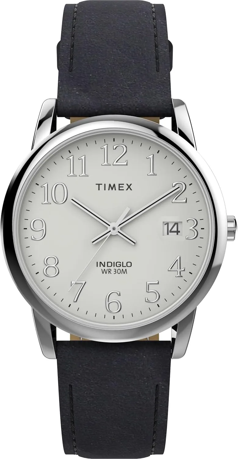 Timex ▫️ Easy Reader - Relógio para homem de 35 mm, bracelete em pele preta, mostrador rosa, caixa prateada TW2W54300