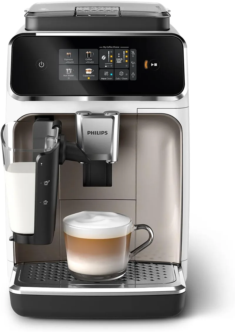 PHILIPS ▫️ 2300 Máquina de café superautomática LatteGo, 4 bebidas, Branco Cromado | Máquina de café expresso, moedor cerâmico, SilentBrew 40% mais silenciosa, ecrã tátil, espumador de leite LatteGo (EP2333/40)