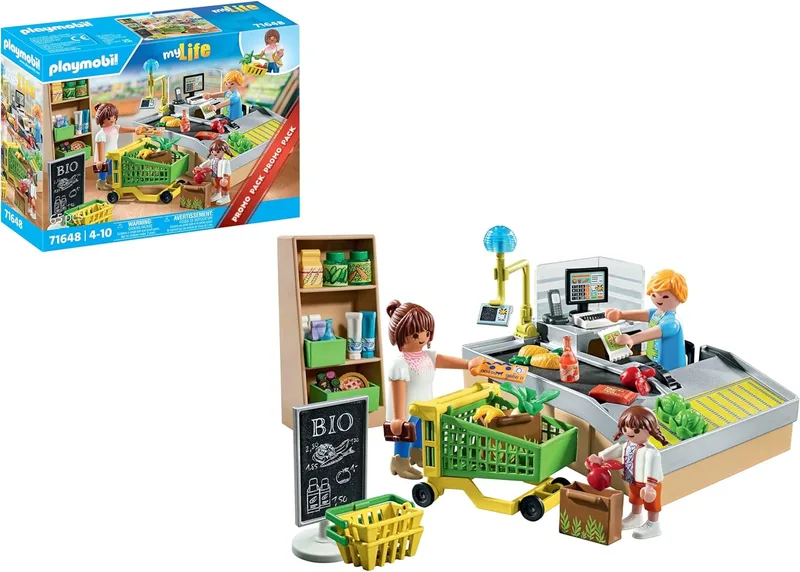 PLAYMOBIL ▫️ MyLife Promo Pack 71648 Supermercado ecológico, incluindo caixa registadora com correia transportadora, carrinho de compras e três figuras, brinquedos para rapazes e raparigas a partir dos 4 anos
