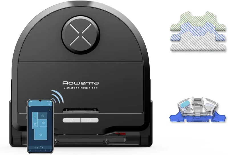 Rowenta ▫️ Xplorer S220 Animal & Allergy – Aspirador robô para limpeza a seco e a húmido, navegação a laser, 120 min de autonomia, controlo através de aplicação, esfregona vibratória, Preto/Metal, RR9475WH