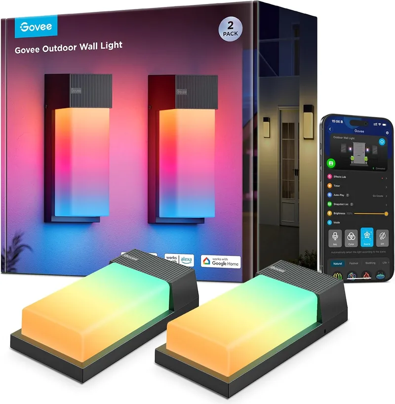 Govee ▫️ Apliques de Exterior RGBIC, 1500 lm, IP65, Conjunto de 2 | 2700 K–6500 K Apliques de Parede para Exterior, 45 modos de cena, DIY, Matter/Alexa/Google, alpendre, varanda, terraço