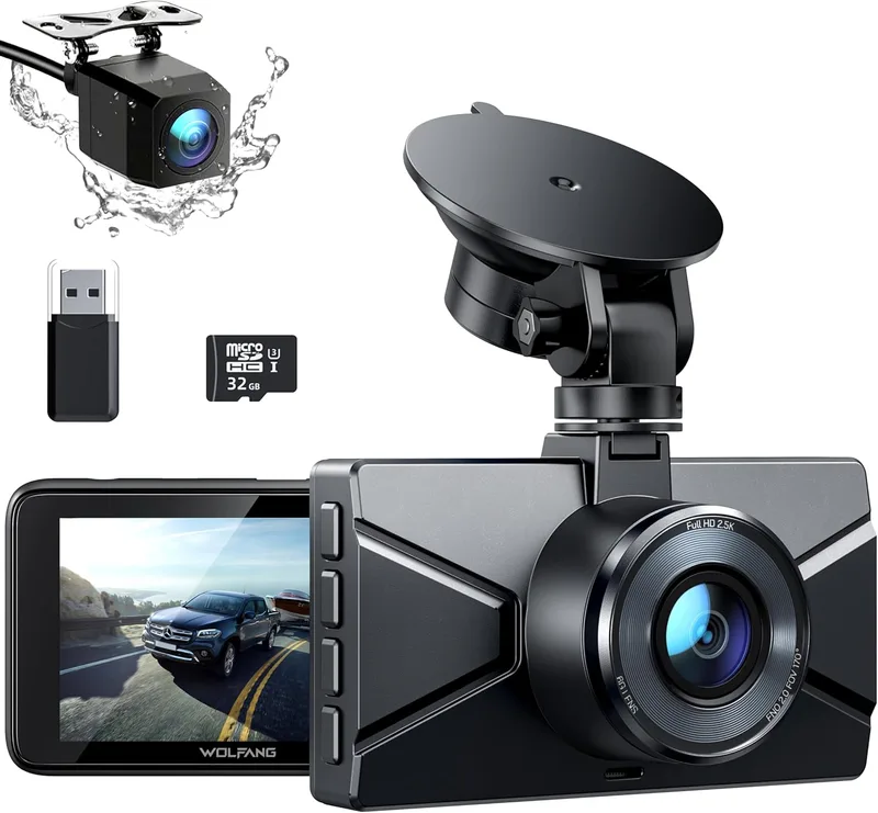 WOLFANG ▫️ Câmara de carro dianteira e traseira 2,5K QHD, câmara de bordo com lente dupla para automóveis com grande angular de 170°, monitor de estacionamento 24 horas com gravação em loop e sensor G