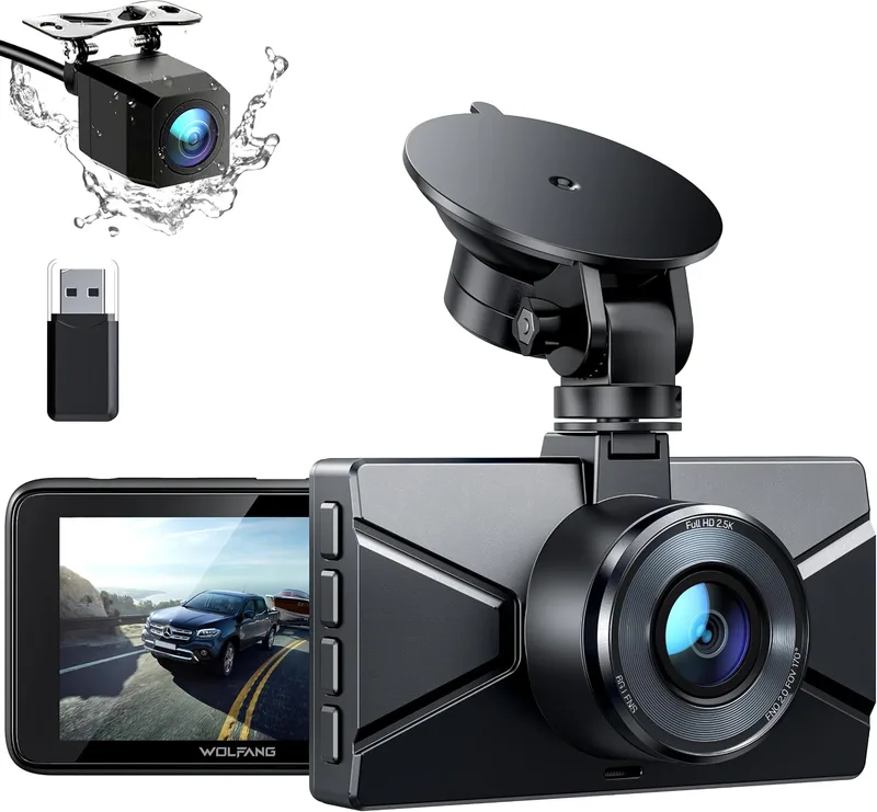 WOLFANG ▫️ Câmara de carro dianteira e traseira 2,5K QHD, câmara de bordo com lente dupla para automóveis com grande angular de 170°, monitor de estacionamento 24 horas com gravação em loop e sensor G