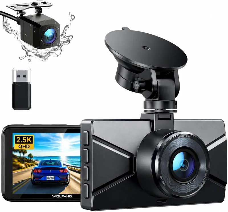 WOLFANG ▫️ Câmara de carro dianteira e traseira 2,5K QHD, câmara de bordo com lente dupla para automóveis com grande angular de 170°, monitor de estacionamento 24 horas com gravação em loop e sensor G