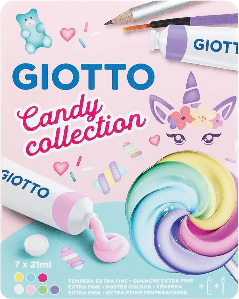 Giotto ▫️ Extra Fine Paint Candy Collection, 7 x 21 ml, Caixa de plástico reutilizável, Conjunto de cores «candy», 9 unidades
