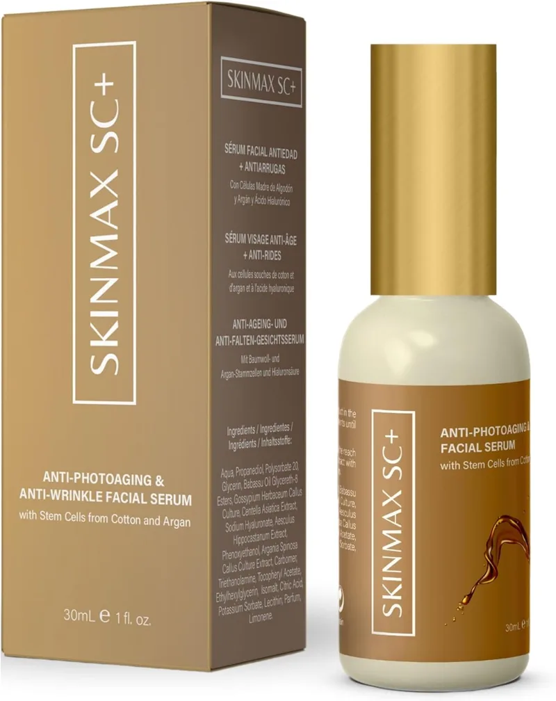 SKINMAX SC+ ▫️ Sérum Facial Regenerador e Fotoprotetor para o Fotoenvelhecimento com Células-Mãe de Argão, Algodão Árabe, Centella Asiática, Ácido Hialurónico, Antioxidante, Calmante, Dia e Noite 30 ml