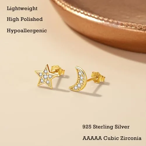 Deyanse ▫️ Brincos de porca em prata para mulher, em prata de lei 925, hipoalergénicos, em forma de coração, estrela e lua, com zircônia, brincos modernos para cartilagem de 8 mm com caixa de presente 3