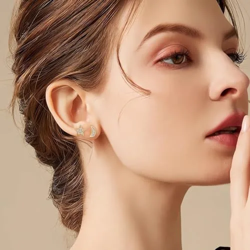 Deyanse ▫️ Brincos de porca em prata para mulher, em prata de lei 925, hipoalergénicos, em forma de coração, estrela e lua, com zircônia, brincos modernos para cartilagem de 8 mm com caixa de presente 5