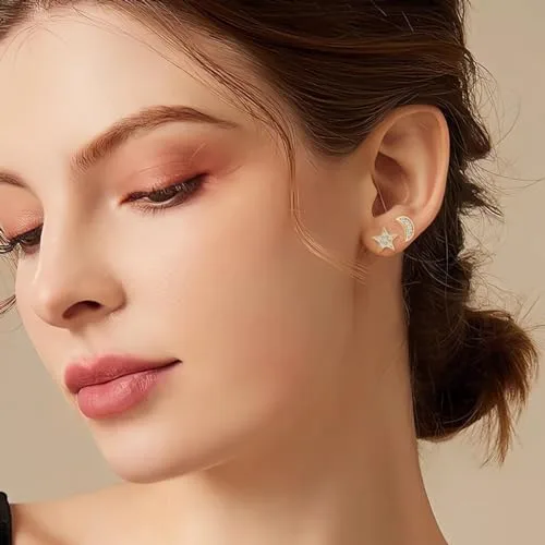 Deyanse ▫️ Brincos de porca em prata para mulher, em prata de lei 925, hipoalergénicos, em forma de coração, estrela e lua, com zircônia, brincos modernos para cartilagem de 8 mm com caixa de presente 6