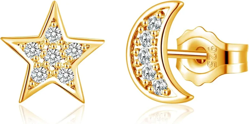 Deyanse ▫️ Brincos de porca em prata para mulher, em prata de lei 925, hipoalergénicos, em forma de coração, estrela e lua, com zircônia, brincos modernos para cartilagem de 8 mm com caixa de presente
