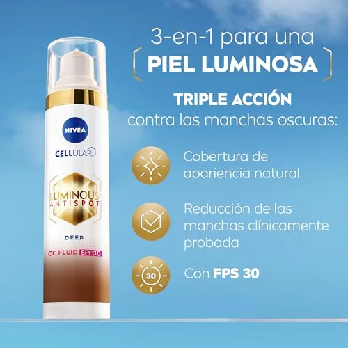 NIVEA ▫️ Cellular Luminous630 - Fluido CC Antimanchas FPS 30 3 em 1 - CC Cream de Tripla Ação - Cobre e Reduz as Manchas - Protetor Solar Facial com Cor - Todos os Tipos de Pele - Tom Escuro - 40 ml 2