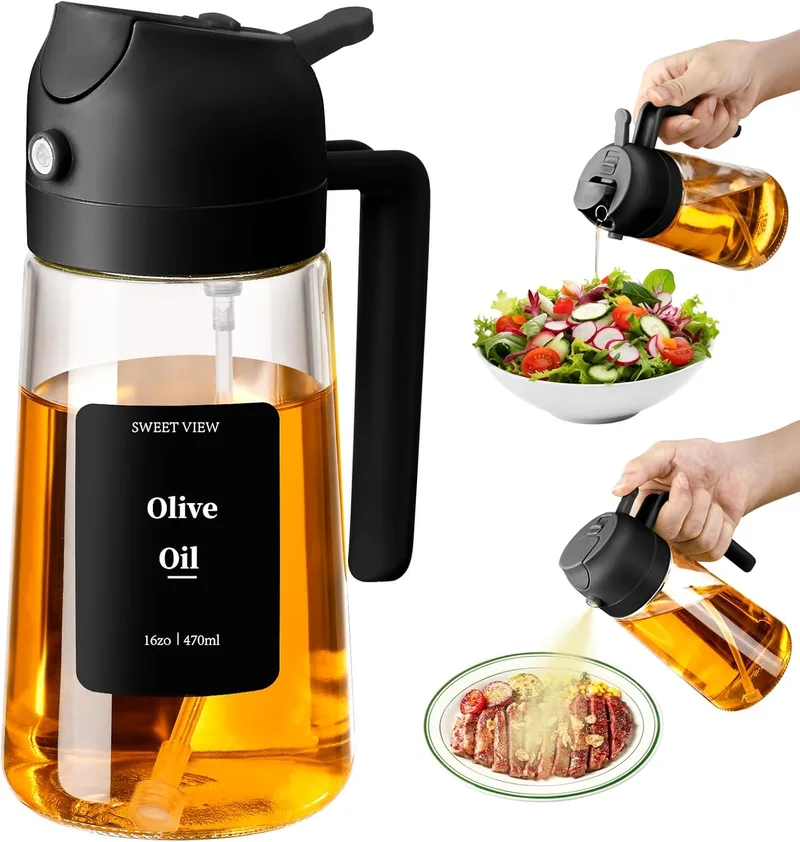SWEET VIEW ▫️ Dispensador de óleo e pulverizador de óleo 2 em 1 de 470 ml, dispensador de azeite para cozinhar, cozinhar, fritadeira, salada, churrasco (preto)