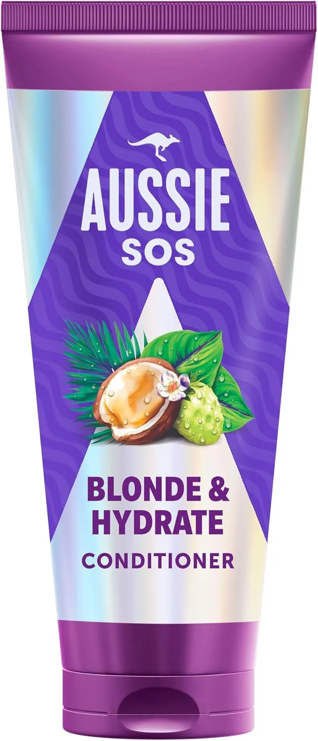 Aussie ▫️ SOS Blonde & Hydrate Conditioner 200ml Para Cabelos Branqueados, com Madeixas e Grisalhos. Desembaraça e suaviza enquanto proporciona hidratação aos cabelos louros e grisalhos com tendência para a secura.