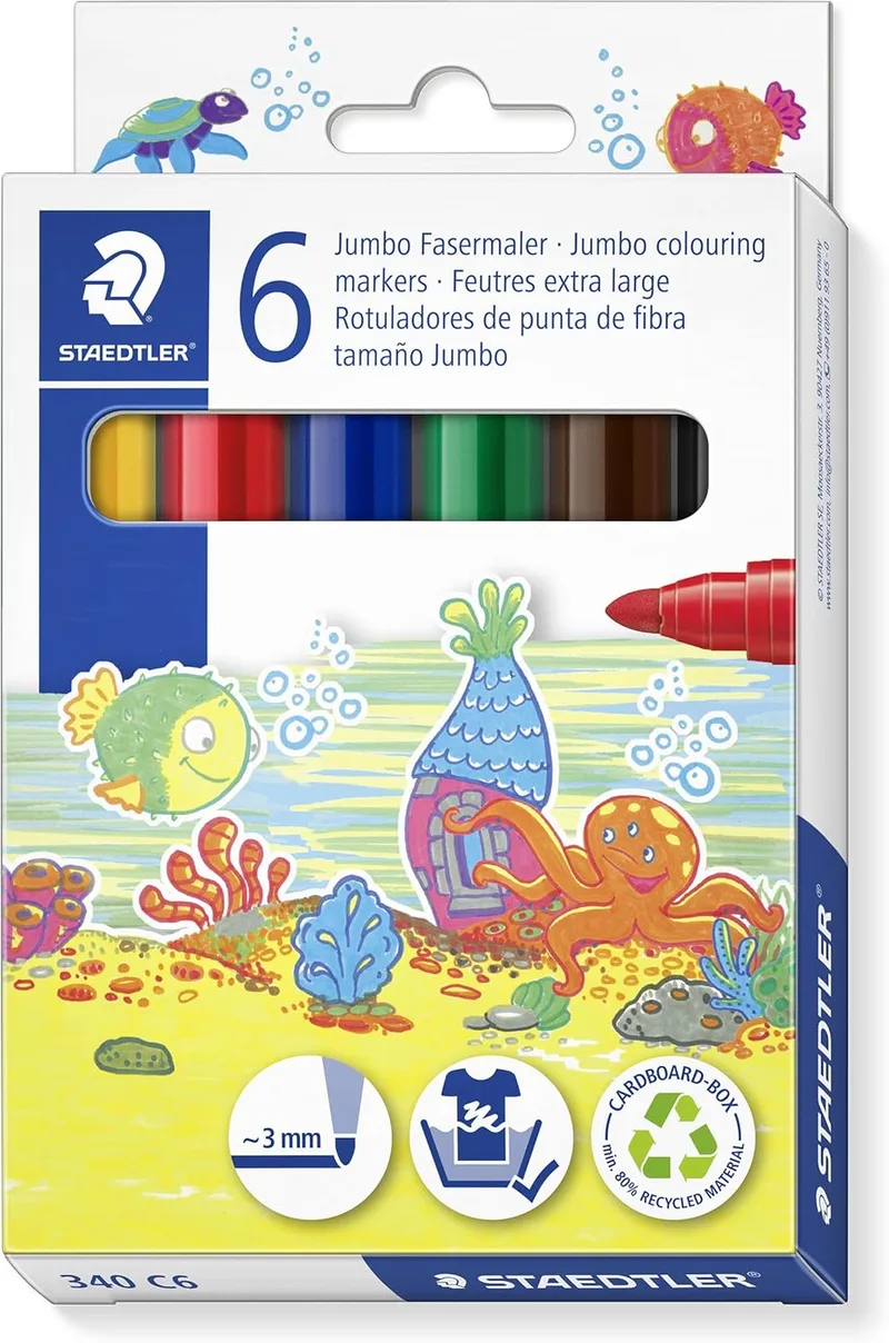 STAEDTLER ▫️ Noris 340 Jumbo - Marcador para as mãos de crianças pequenas, estojo de cartão com 6 marcadores Jumbo em cores variadas, 340 C6