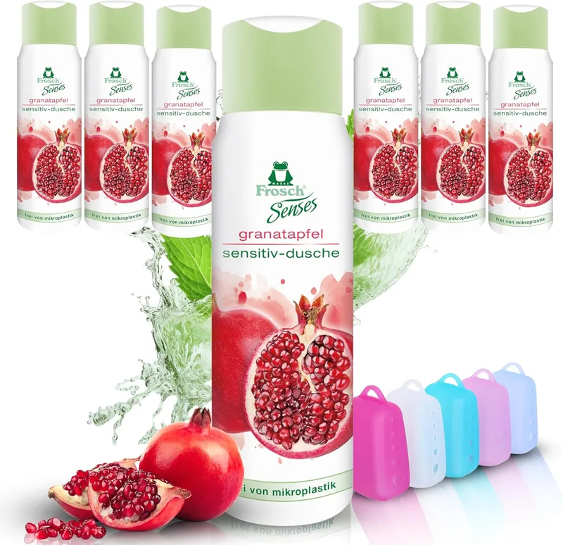 Celexqua ▫️ Frosch Senses - Gel de duche de romã, 300 ml, conjunto de 6 unidades (6 x 300 ml) e tampa para escova de dentes