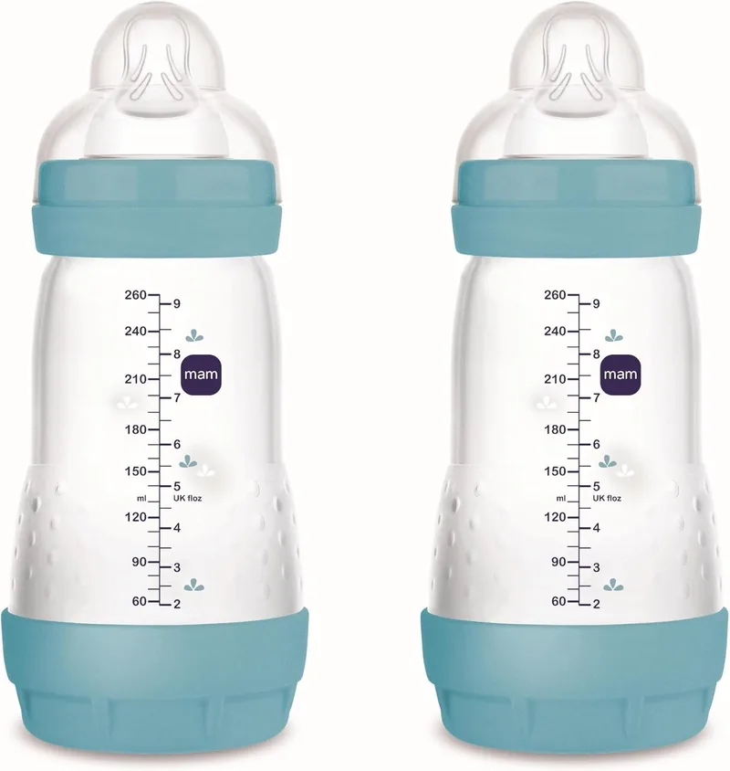 MAM ▫️ Pack 2 Biberões Anti-Cólicas, 2-4 Meses, 260ml, com Tetina 2 Silicone de Fluxo Médio, Silicone de Fácil Aceitação, Auto-Esterilizável e Fácil de Limpar, Easy Start Anti-Colic, Azul Mate, 2pcs