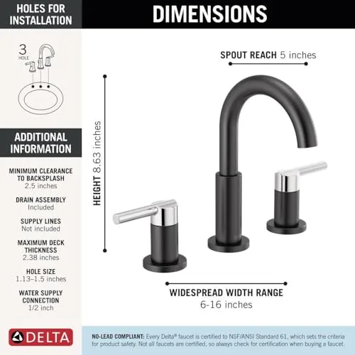 DELTA ▫️ Faucet Nicoli - Torneira de casa de banho de 3 furos, preta/cromada, torneira de lavatório, conjunto de drenagem, preto mate/cromado 35749LF-CS 3