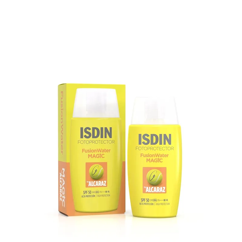 ISDIN Fotoprotector Fusion Water MAGIC by Alcaraz Protetor solar facial com textura ultra-leve e fase exterior aquosa com efeito refrescante, 50 ml