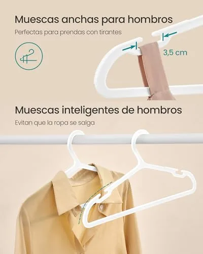 SONGMICS ▫️ Cabides, Conjunto de 50, Cabides de plástico, com entalhes largos para os ombros, economizam espaço, 41,7 cm de comprimento, para roupeiro, Branco Nuvem CRP010W01 3