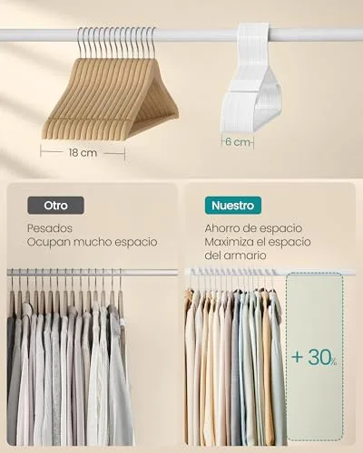 SONGMICS ▫️ Cabides, Conjunto de 50, Cabides de plástico, com entalhes largos para os ombros, economizam espaço, 41,7 cm de comprimento, para roupeiro, Branco Nuvem CRP010W01 4