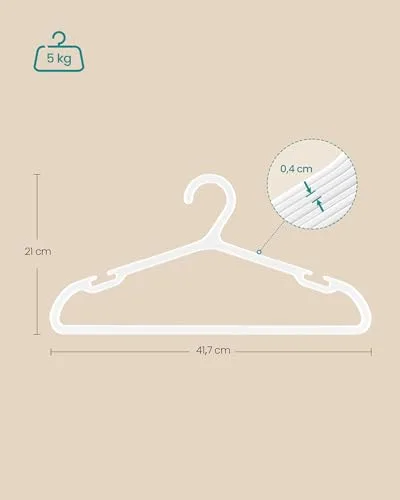 SONGMICS ▫️ Cabides, Conjunto de 50, Cabides de plástico, com entalhes largos para os ombros, economizam espaço, 41,7 cm de comprimento, para roupeiro, Branco Nuvem CRP010W01 5