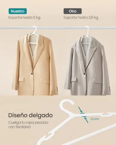 SONGMICS ▫️ Cabides, Conjunto de 50, Cabides de plástico, com entalhes largos para os ombros, economizam espaço, 41,7 cm de comprimento, para roupeiro, Branco Nuvem CRP010W01 6