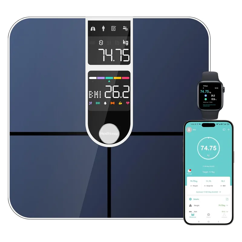 Healthkeep ▫️ Balança portátil com 2 ecrãs VA e tecnologia de revestimento ITO, 16 parâmetros corporais com frequência cardíaca, aplicação para Android e iOS, 180 kg/400 lb, cor prateada