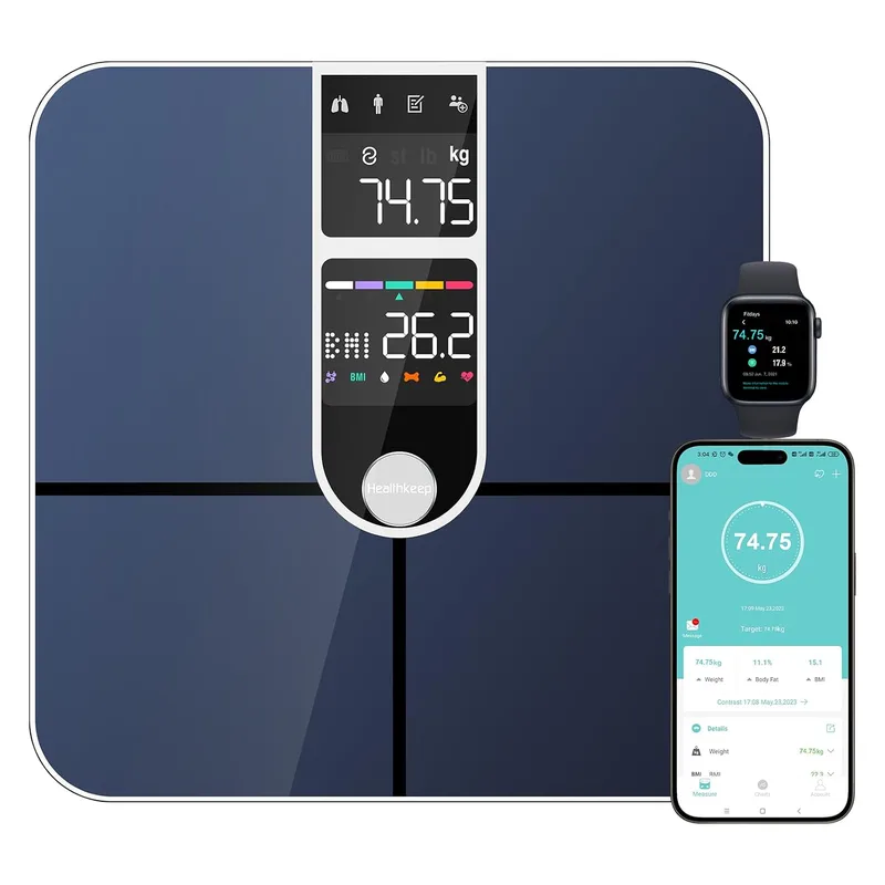 Healthkeep ▫️ Balança portátil com 2 ecrãs VA e tecnologia de revestimento ITO, 16 parâmetros corporais com frequência cardíaca, aplicação para Android e iOS, 180 kg/400 lb, cor prateada