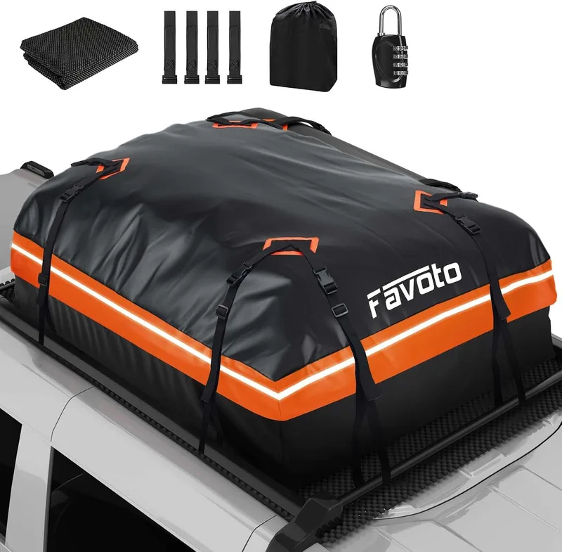Favoto ▫️ Baú de Techo Dobrável 566 L, Saco de Techo Impermeável com Tapete Antiderrapante, Gancho para Porta, Cintas de Reforço para Automóveis, SUV com/sem porta-bagagens de viagem, Cor