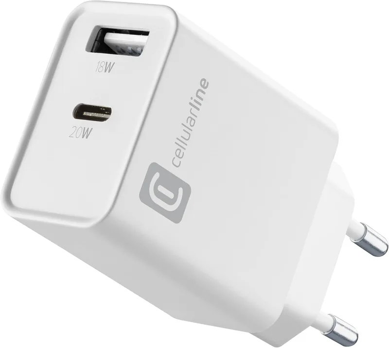 cellularline ▫️ Carregador Multiportas PD 20 W - Carregador com duas portas - Porta USB-C 20 W PD - Porta USB-A 18 W - Compatível com todos os smartphones - Branco