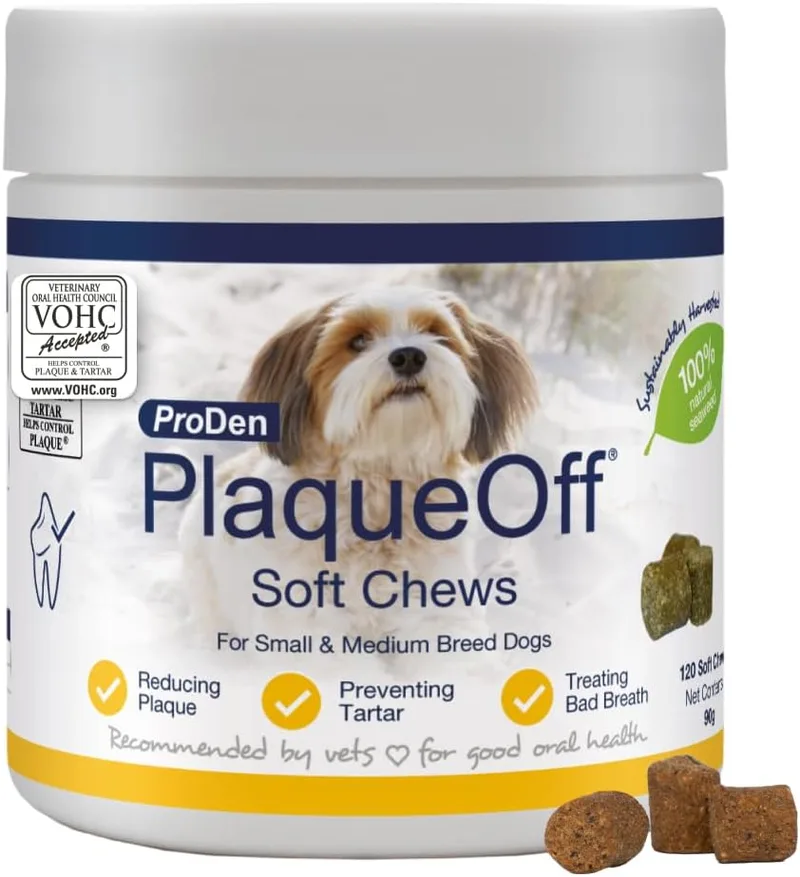 ProDen PlaqueOff ▫️ 120 Snacks Suaves Mastigáveis para Cães | Removedor Natural de Placa, Tártaro e Mau Hálito para Cães de Pequeno e Médio Porte | Actua Sistemicamente e não por Abrasão ou Mastigação