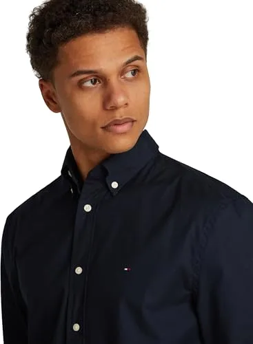 Tommy Hilfiger ▫️ Camisa para homem, Flex Poplin, imitação, cor sólida, corte regular 3