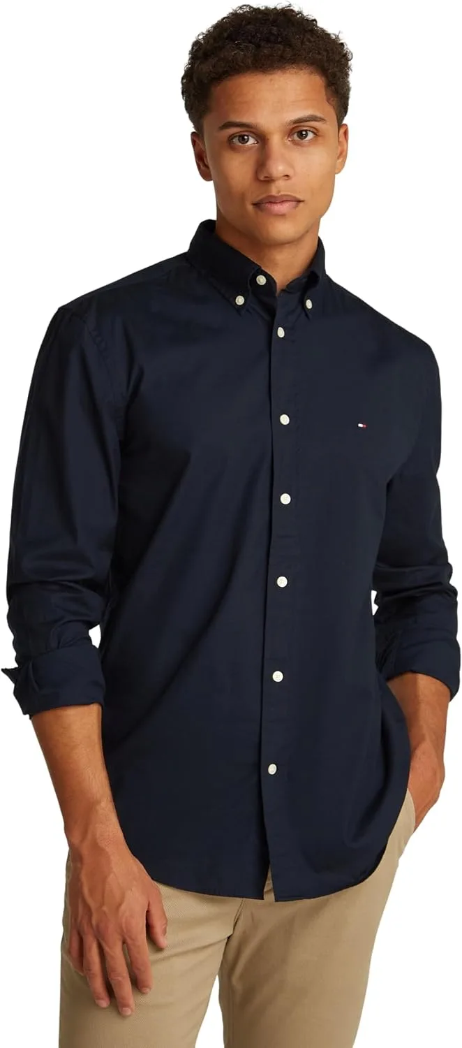 Tommy Hilfiger ▫️ Camisa para homem, Flex Poplin, imitação, cor sólida, corte regular