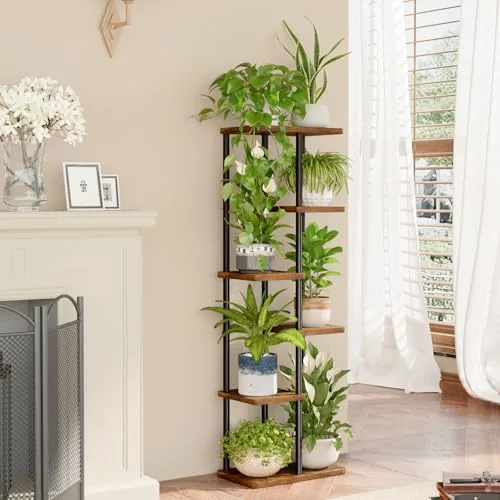 Bamworld ▫️ Suporte alto para plantas de interior com 6 níveis, prateleira de metal castanha, suporte grande para várias plantas em vasos, para pátio, jardim, canto, varanda, sala de estar 2