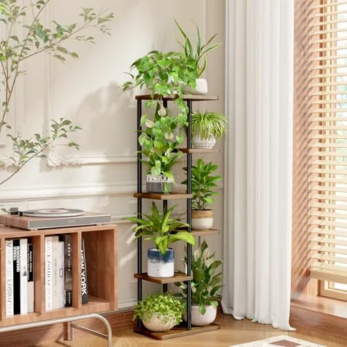 Bamworld ▫️ Suporte alto para plantas de interior com 6 níveis, prateleira de metal castanha, suporte grande para várias plantas em vasos, para pátio, jardim, canto, varanda, sala de estar 3