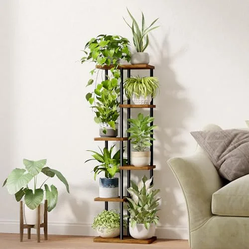 Bamworld ▫️ Suporte alto para plantas de interior com 6 níveis, prateleira de metal castanha, suporte grande para várias plantas em vasos, para pátio, jardim, canto, varanda, sala de estar 4