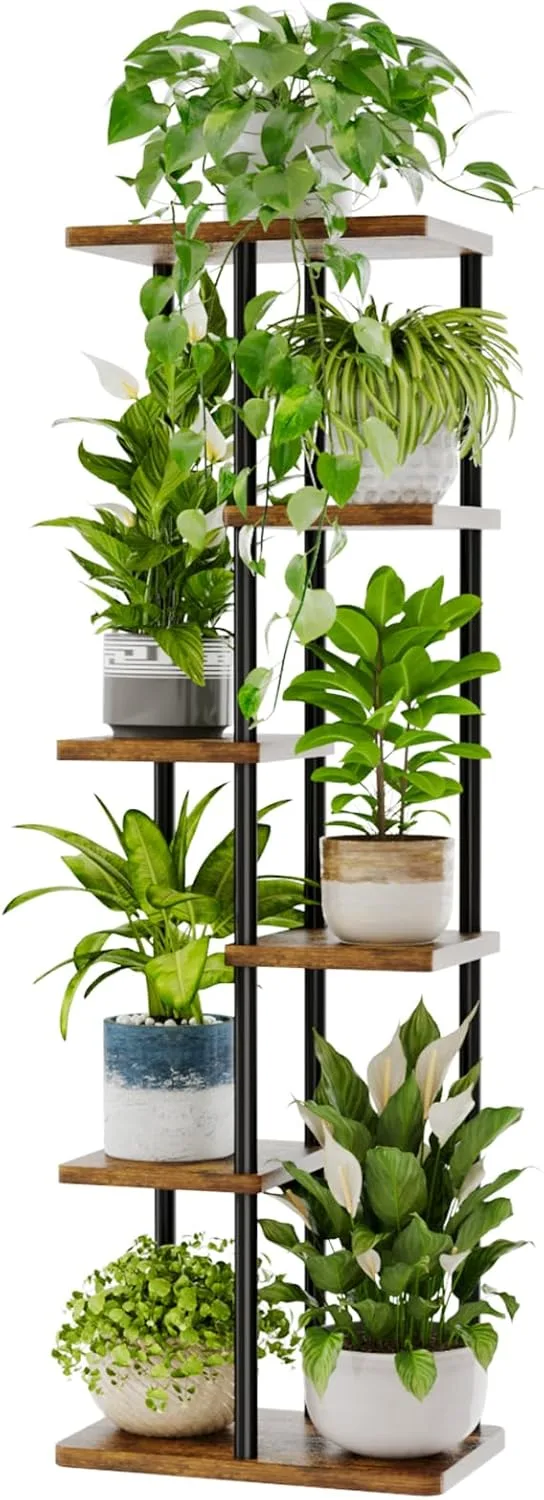 Bamworld ▫️ Suporte alto para plantas de interior com 6 níveis, prateleira de metal castanha, suporte grande para várias plantas em vasos, para pátio, jardim, canto, varanda, sala de estar