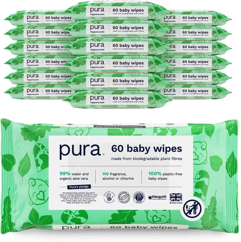 Pura ▫️ Toalhetes Pure Baby, 1080 toalhetes para bebé (18 x 60 toalhetes), toalhetes húmidos 100% sem plástico, 99% de água, pele sensível, biodegradáveis, algodão orgânico e Aloé Vera, vegan
