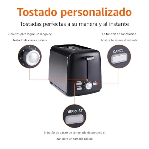Amazon Basics ▫️ Tostadeira para 2 fatias, com 7 níveis de torragem e tabuleiro removível para migalhas, ranhuras extra largas, 800 W, preta 2