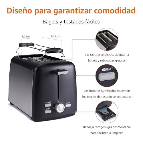 Amazon Basics ▫️ Tostadeira para 2 fatias, com 7 níveis de torragem e tabuleiro removível para migalhas, ranhuras extra largas, 800 W, preta 3