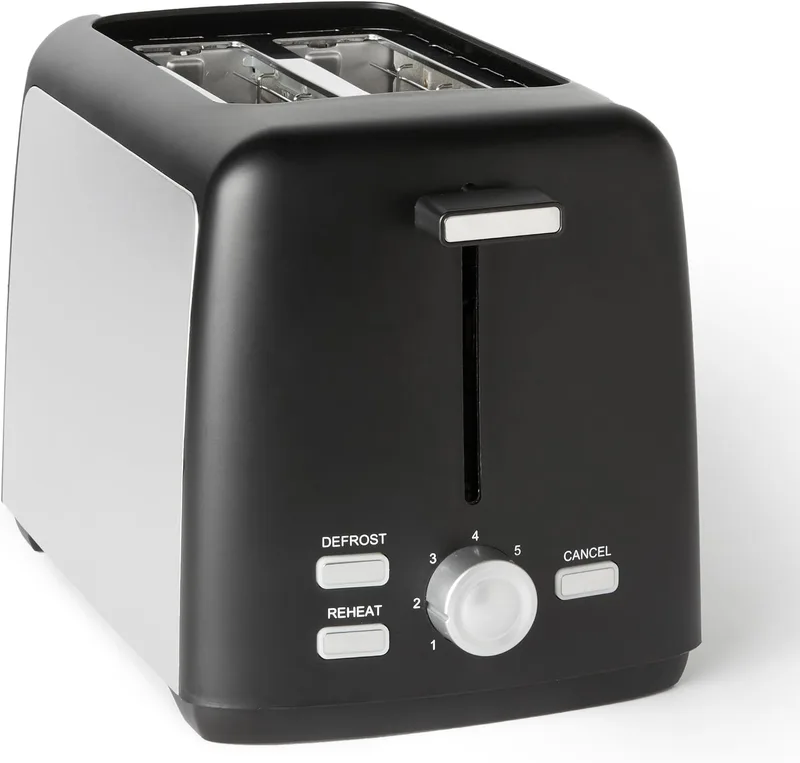 Amazon Basics ▫️ Tostadeira para 2 fatias, com 7 níveis de torragem e tabuleiro removível para migalhas, ranhuras extra largas, 800 W, preta