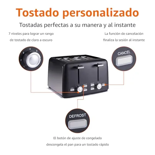 Amazon Basics ▫️ Torradeira para 4 fatias, com 7 níveis de torragem e tabuleiro removível para migalhas, ranhuras extra largas, 1500 W, preta 2