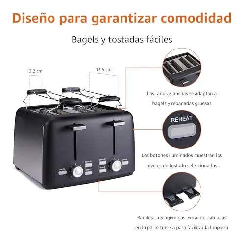 Amazon Basics ▫️ Torradeira para 4 fatias, com 7 níveis de torragem e tabuleiro removível para migalhas, ranhuras extra largas, 1500 W, preta 3